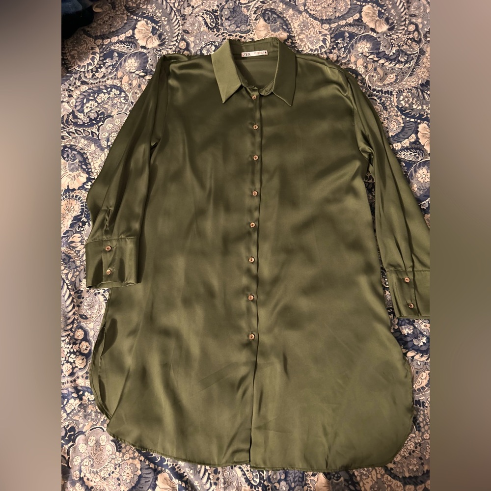 Zara Emerald Green Silk Women’s Long Blouse Top | Brand New, Never Worn
